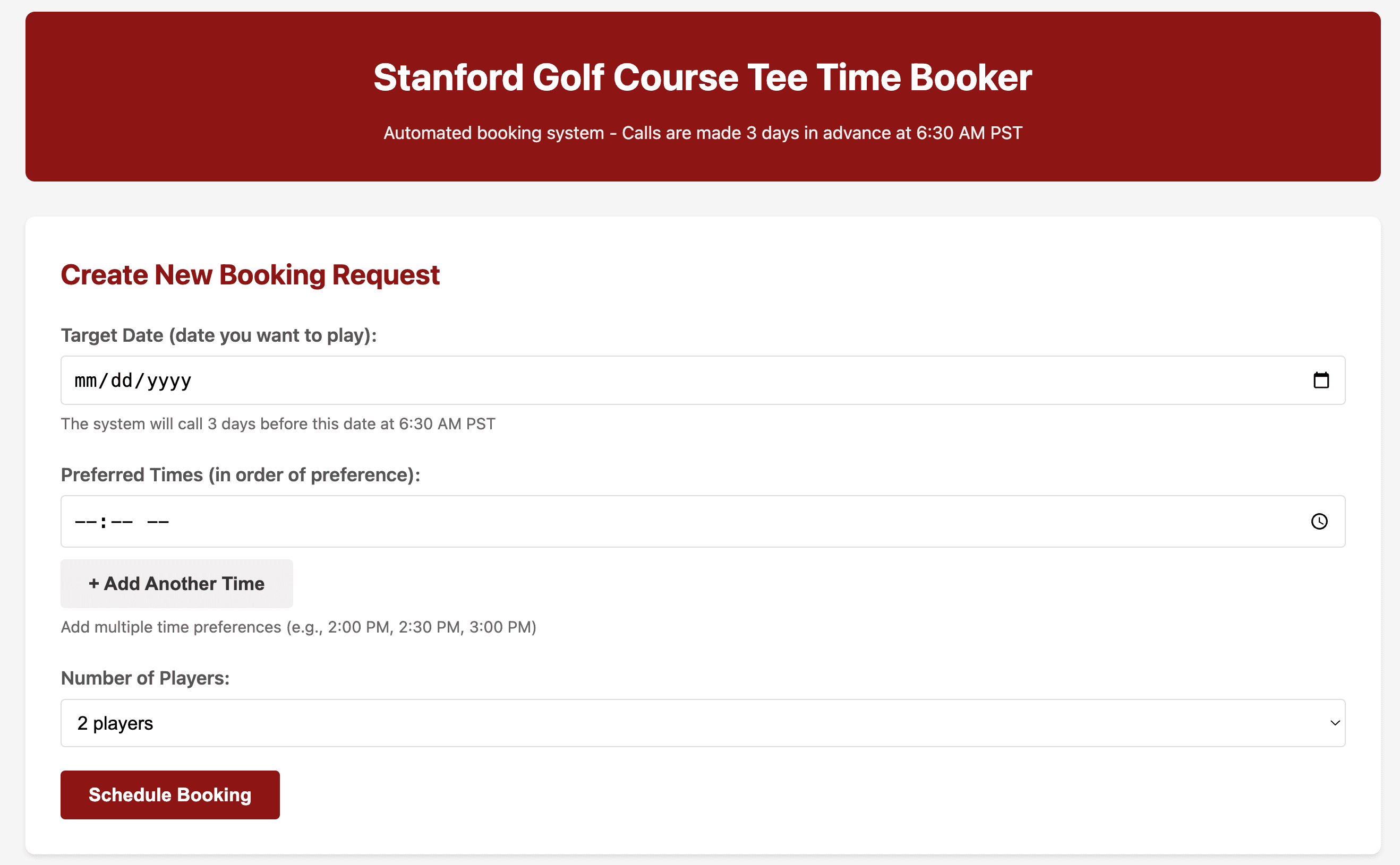 Stanford Golf Course Tee Time Booker - Booking form interface